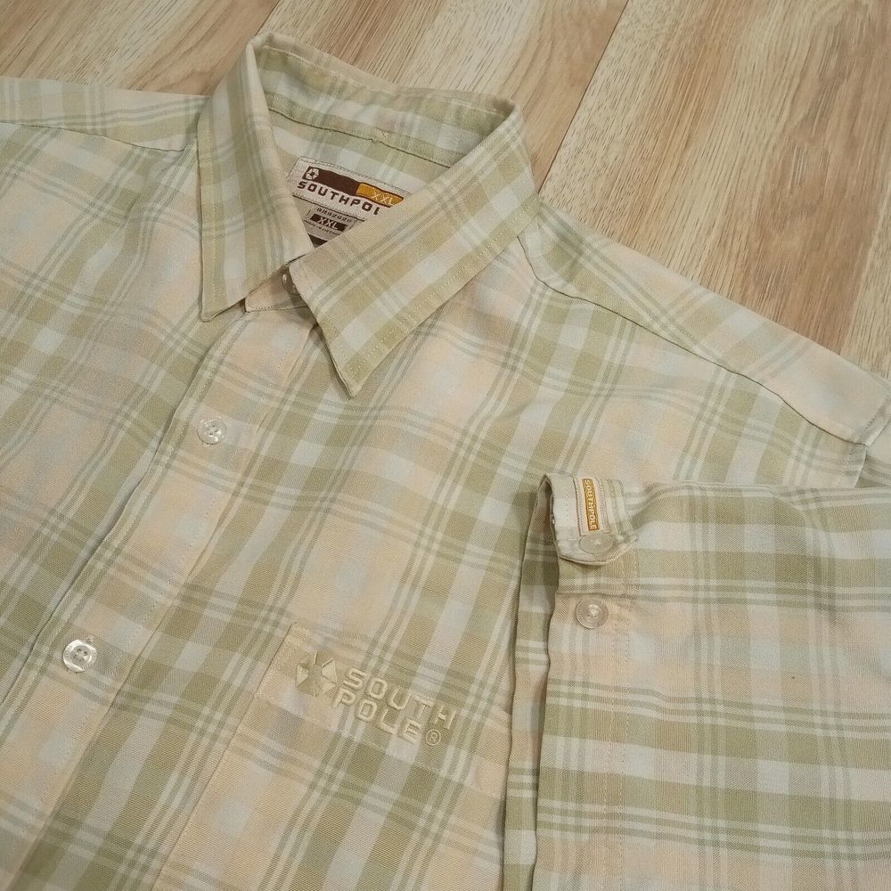 South Pole Shirt Mens XXL Short Sleeve Button Up Plaid‎ Polyester Rayon Beige